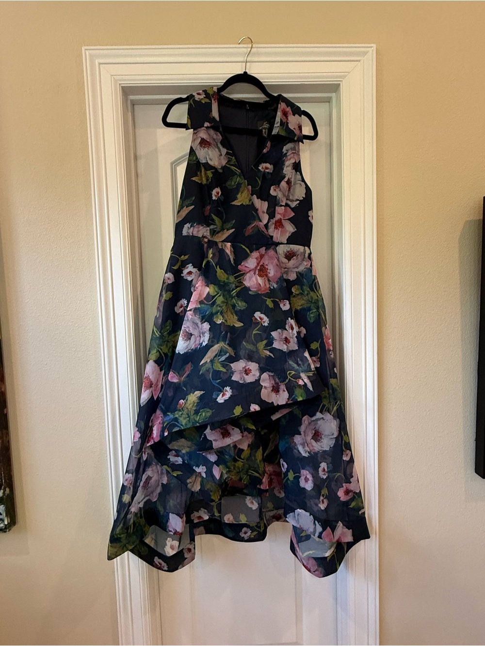 Adrianna Papell Navy Floral Asymmetrical Hi-Low Dress